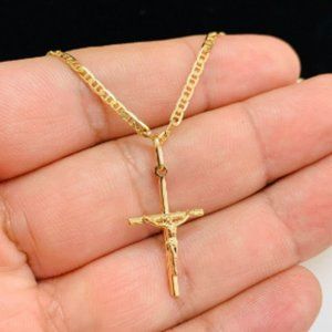 14k Gold Filled Cross Pendant Necklace Mariner Link Chain 24x14 Womens Necklace